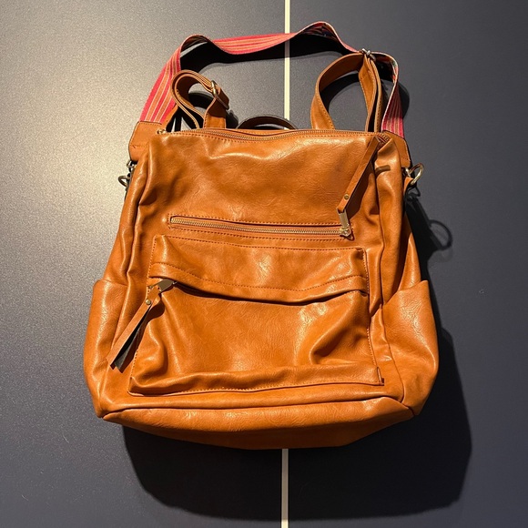 Brown Leather Backpack with Colorful Strap - Picture 2 of 5